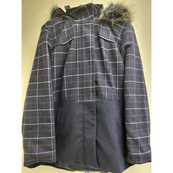 Pink Envelope Coat Womens 1X Navy Plaid Faux Fur Hood Lined Warm Winter Jacket - Picture 1 of 12